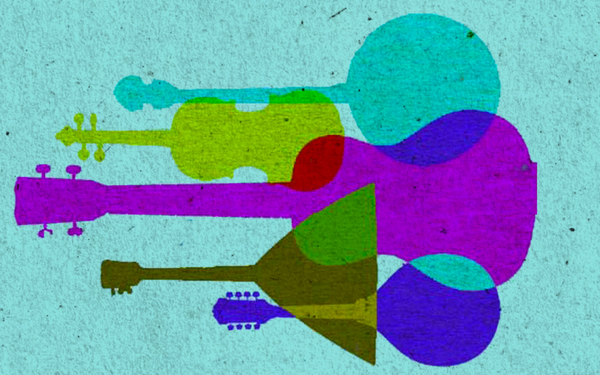 Abstract collage of overlapping guitar silhouettes in bright colors on a turquoise textured background.