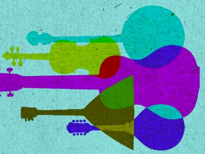 Abstract collage of overlapping guitar silhouettes in bright colors on a turquoise textured background.
