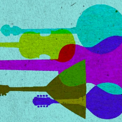 Abstract collage of overlapping guitar silhouettes in bright colors on a turquoise textured background.