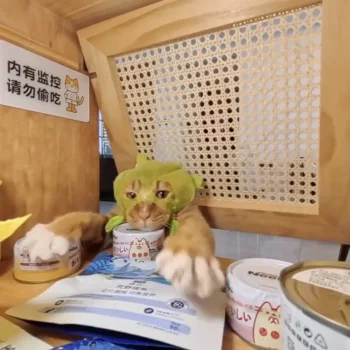 Cat wearing a green leafy hood sits at a wooden counter with cat food tins; a sign in Chinese warns of surveillance and not to steal.