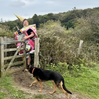 Person wearing a pink cardboard costume with a yellow cone hat stands at a wooden gate, while a German Shepherd walks along a dirt path beside tall hedges.