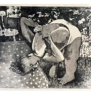 Monochrome illustration of two people grappling on a bed, one on top, arms interlocked, with a star-pattern pillow visible.