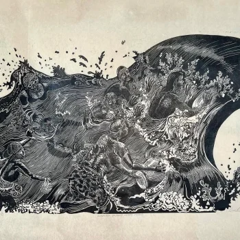 High-contrast black-and-white linocut showing several figures clinging to and riding a giant curling wave, with foamy spray around them.