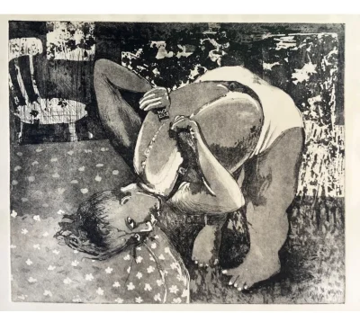 Monochrome illustration of two people grappling on a bed, one on top, arms interlocked, with a star-pattern pillow visible.