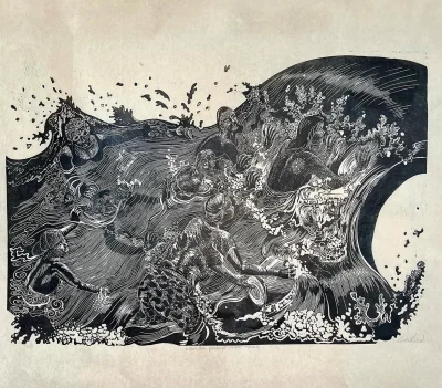 High-contrast black-and-white linocut showing several figures clinging to and riding a giant curling wave, with foamy spray around them.