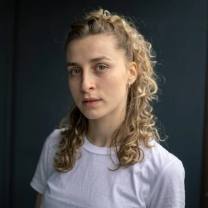 Portrait of a person with curly hair tied back, wearing a white T-shirt, against a dark backdrop, with a calm, neutral expression.