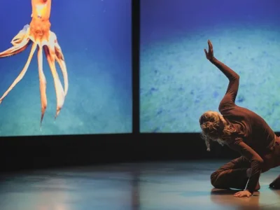 Contemporary dancer in a rust coloured outfit on a dark stage, one knee down, arm raised, with two screens showing an orange tentacled sea creature and a sandy seabed.