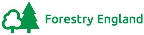 Forestry England logo with a green tree and cloud shape beside the words Forestry England.