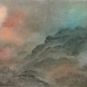 Pastel cloudy sky with peachy-orange left, pink tones, and teal-blue upper right, above a dark, layered gray cloud bank in the lower portion.