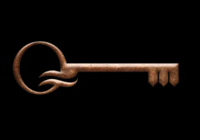 Rusty brown antique key with a circular bow and three notched teeth, set against a black background.
