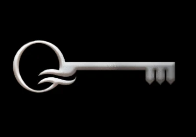 Silver antique key with a circular bow and curved shaft, ending in three small teeth, set against a black background.