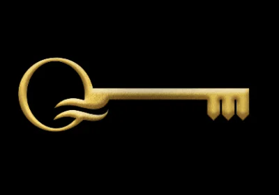 A gold-toned antique key with a circular bow and curved shaft, ending in a three-toothed bit, set against a black background.