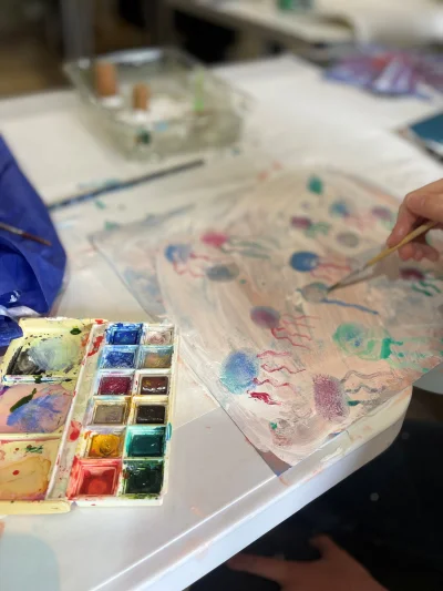 An image of a child's hands using watercolours to paint a series of colourful jellyfish on a piece of paper.