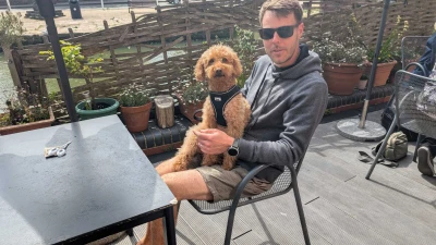 A person in a gray hoodie and sunglasses sits on a metal chair on a wooden patio, with a fluffy brown dog in a harness on their lap.