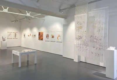 White-walled art gallery with framed works along the left wall, a glass-topped white table in the foreground, and large translucent floral textile panels on the right.