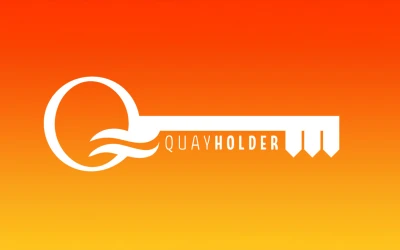 White stylised key silhouette with circular head and wave motifs, blade with three teeth and the text QUAYHOLDER on a red to yellow gradient background.