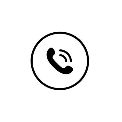 Black telephone handset icon inside a thick circular border on a white background, with curved lines suggesting a call.