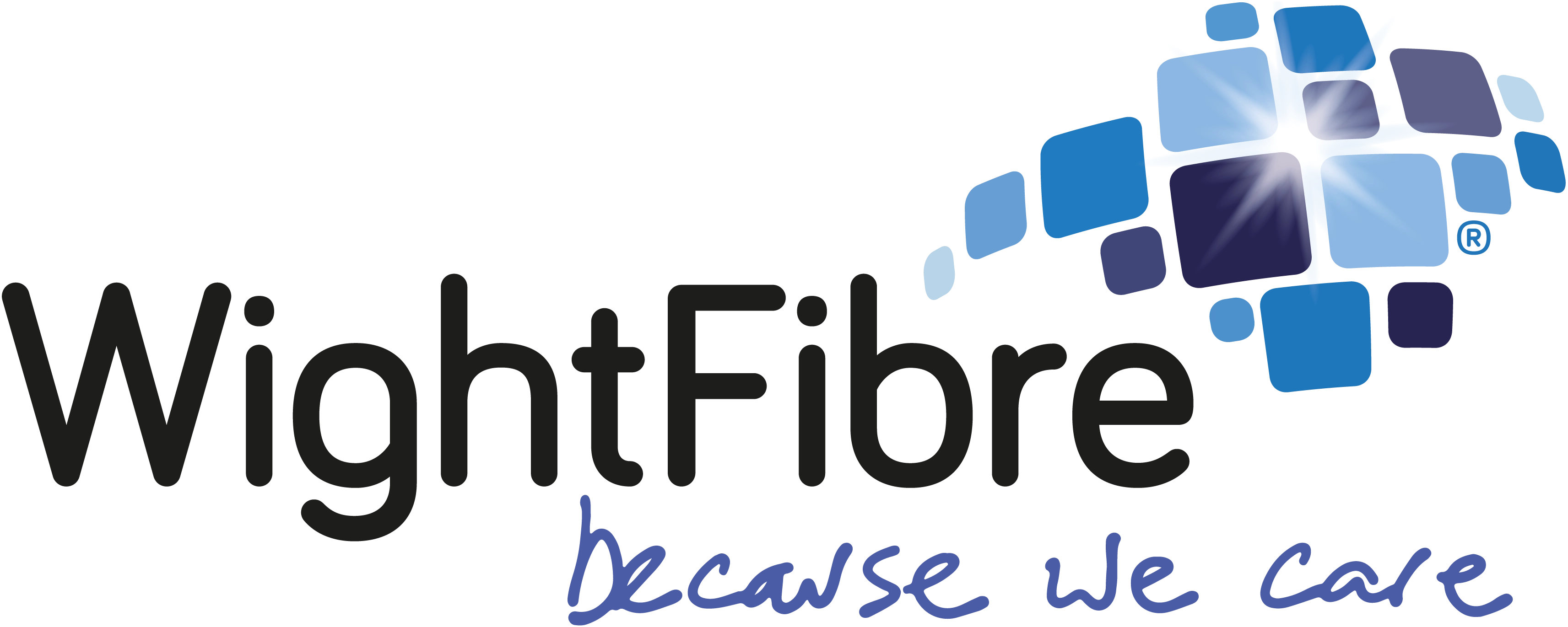 WightFibre logo: black wordmark with a blue mosaic of squares on the right, featuring a bright starburst, and the blue handwritten slogan “because we care” underneath.